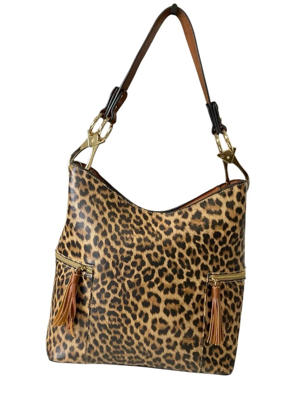 Jen & Co Leopard Print Hobo Bag with Tassel Zips - Brown